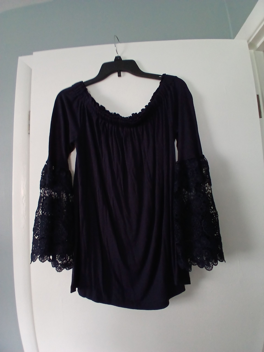 LOFT Navy Off-Shoulder Top with Lace Bell Sleeves